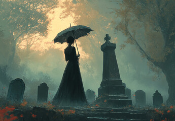 Obraz premium Silhouette of a girl in a black dress stands under an umbrella against the background of a foggy cemetery. Banner template of a grieving wife, sister and girlfriend. Dark mystical gothic style, memory