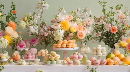 An Enchanting Garden Party Dessert Table Featuring an Array of Pastel Colored Macarons and Fresh...