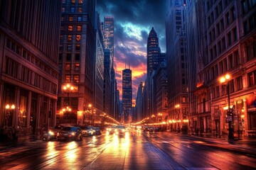 Cars driving down street with bright lights at twilight in chicago