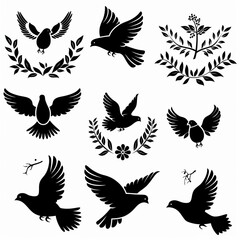 Obraz premium Peace dove graffiti, pigeons, twigs ink illustration. Flying birds silhouettes monochrome flat icons