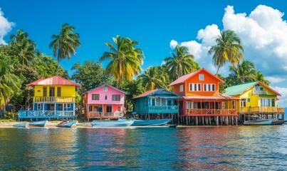 Colorful houses line the shore of Bastimentos Island in Bocas Del Toro, Panama on a sunny day isolated with white highlights