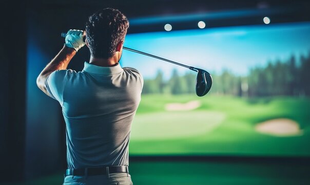 Closeup of a professional male golfer playing golf indoors in a golf simulator with a training field screen