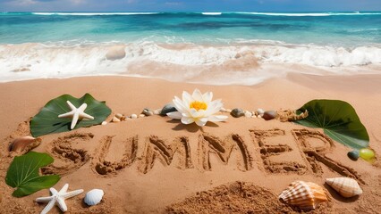 Beach scene with 'SUN' and 'SUMMER' spelled out in sand with shells.