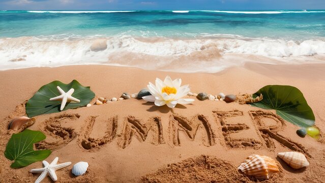 Beach scene with 'SUN' and 'SUMMER' spelled out in sand with shells.