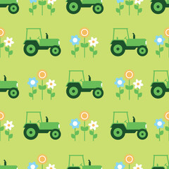 A vibrant Green Tractor Pattern adorned with beautiful Flowers set against a Bright Background
