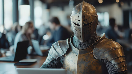 Knight in armor working on laptop in modern office
