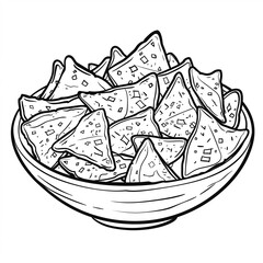 Fototapeta premium A black and white illustration of a bowl filled with triangle-shaped tortilla chips. A Page from the coloring book. 
