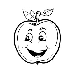 Obraz premium A black and white cartoon image of an apple with a large smile and two leaves on top. A Page from the coloring book. 