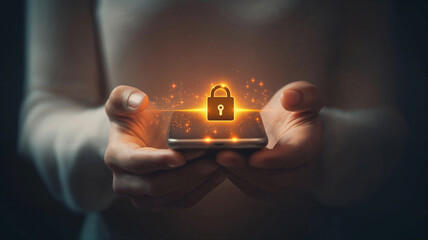 Hands of a woman holding a mobile phone, with a digital safe lock icon - symbol of secure online payment