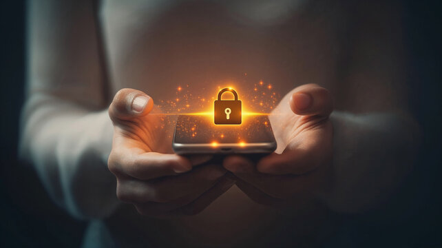 Hands of a woman holding a mobile phone, with a digital safe lock icon - symbol of secure online payment