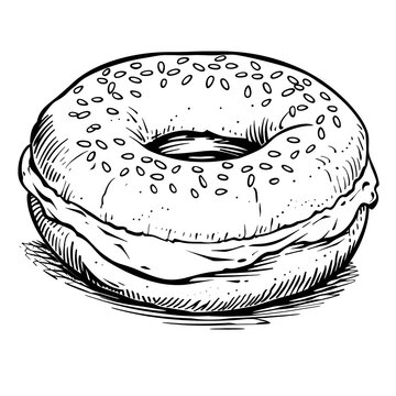recommend clip art: A hand-drawn illustration of a sesame seed bagel with cream cheese filling. The bagel is round with a hole in the center. A Page from the coloring book.
                    