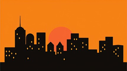 Obraz premium A simple city skyline with three bold colors: warm orange for the sunset sky, and black for the buildings.