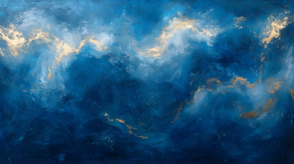 Fototapeta premium A mesmerizing blend of oceanic blue shades swirling gently with golden highlights creating a luxurious abstract texture