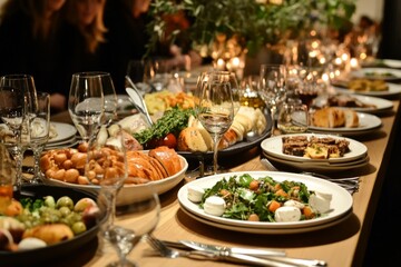 Obraz premium Friends having dinner together at restaurant with wine glasses on wooden table