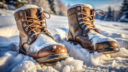 Winter boots covered in snow on a snowy landscape with trees in the background