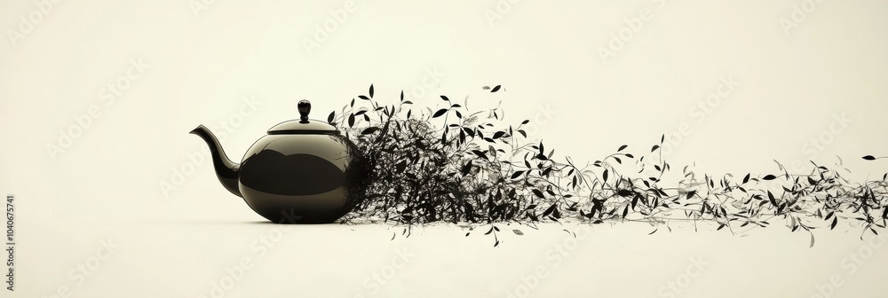 Poster a teapot silhouette seamlessly transitions into a flowing mass of delicate tea leaves, showcasing an