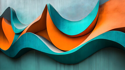 A colorful display of flowing teal and bold orange shapes blending together in an abstract and energetic composition