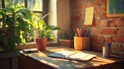 Cozy workspace with natural light and plants beside a wooden desk filled with stationery and art supplies in a warm setting.