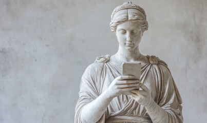 Ancient Greek goddess sculpture holding a smartphone. Female marble statue scrolling social media.