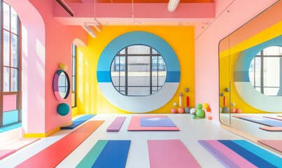 A vibrant studio adorned with mats and a large mirror, perfect for yoga, dance, or fitness activities during a sunny afternoon