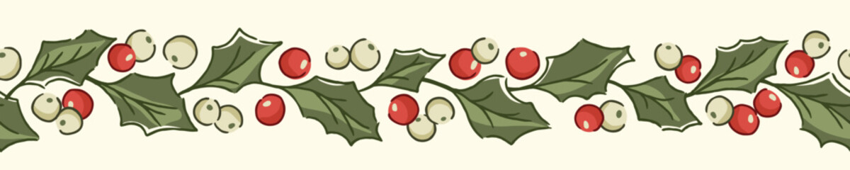 Nostalgic holly garland vector seamless horizontal border in traditional Christmas colors. Festive Victorian evergreen design with hand-drawn vintage winter holiday foliage and berries