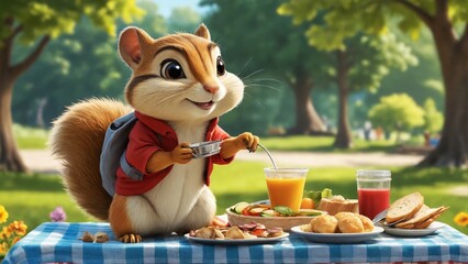 A cheerful squirrel enjoys a picnic feast with tasty treats in a sunlit park setting