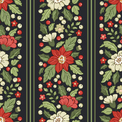 Vintage Christmas floral vector seamless pattern with poinsettias, mistletoe, holly and vertical stripes. Dark Victorian festive design with berries and lush foliage. Winter Holidays