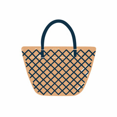 Straw woven shoulder tote bag. Beach summer rattan knitted handbag. Women accessory of trapeze shape. Modern fashion weaven female item. Flat vector illustration isolated on white background
