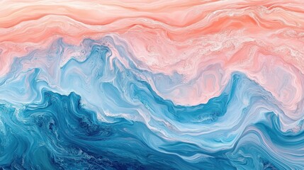 Obraz premium Abstract painting with blue and pink wavy lines, resembling a mountain range.