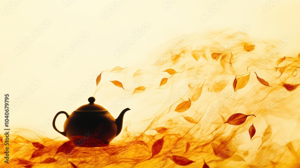 Poster the silhouette of a teapot transitions into delicate tea leaves, creating an enchanting flow that ca