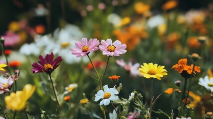 Fototapeta premium A diverse array of flowers blooming in a single garden, Representing the beauty and harmony of diversity in nature, minimalistic style