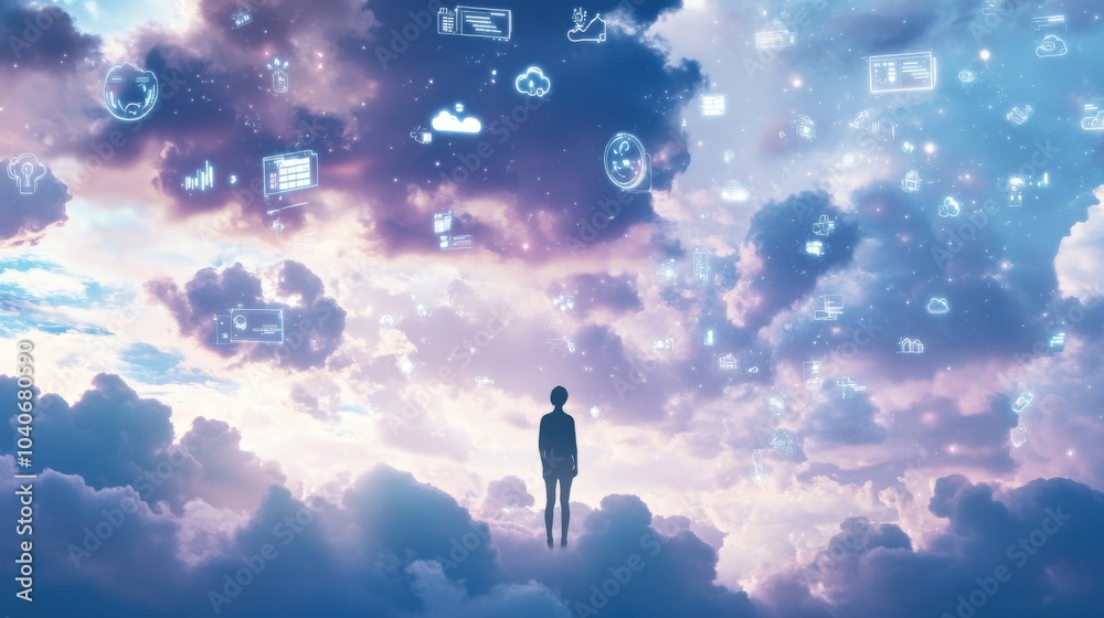 Fototapete A whimsical scene of a person surrounded by floating digital clouds with icons of tasks and notifications, representing the omnipresence of digital responsibilities in everyday life, Sky setting
