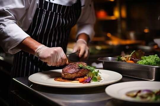 Chef plating gourmet steak in a fine dining restaurant kitchen during dinner service