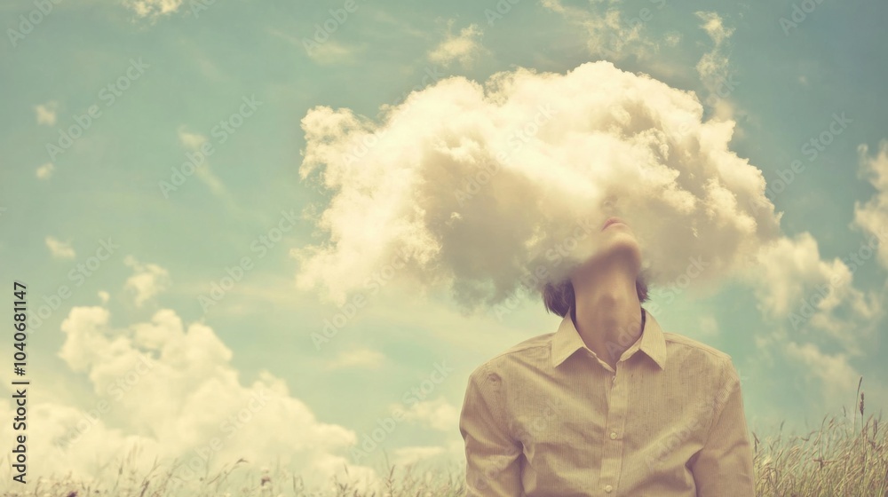 Poster a whimsical scene of a person with their head in the clouds, symbolizing daydreaming and escapism in