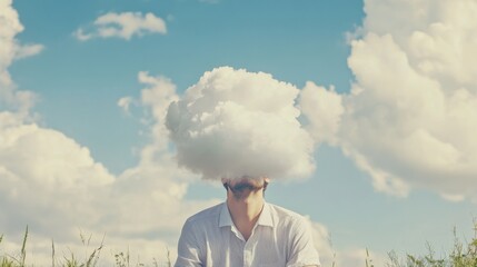A whimsical scene of a person with their head in the clouds, symbolizing daydreaming and escapism in contemporary life, Open field