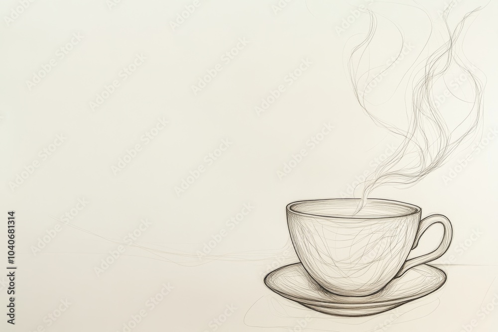 Poster a simple yet elegant line artwork depicts a tea cup with gentle steam rising, inviting warmth and re