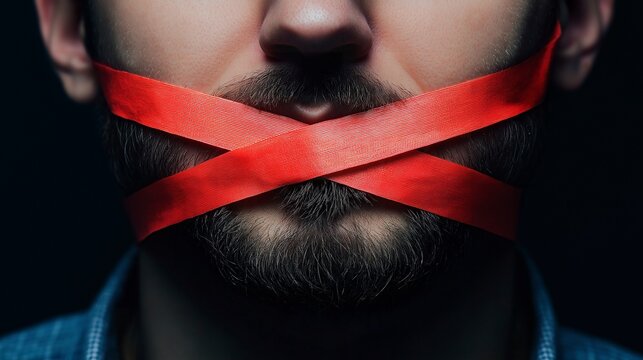 young man with tape in mouth