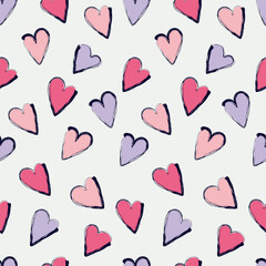 Seamless pattern with pink hearts on a white background, featuring a traditional and timeless design perfect for Valentine's Day prints and decorations.