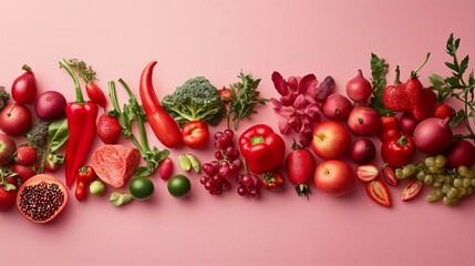 Red and Green Fruits and Vegetables Displayed on a Soft Pink Background