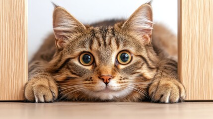 A cute cat with wide, curious eyes lies down comfortably, peering forward with paws stretched, representing curiosity, innocence, and a cozy domestic atmosphere.