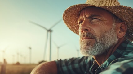 Fototapeta premium A bearded man seated with gentle resolve, backdropped by wind turbines and a clear blue sky, embodying the juxtaposition of pastoral life and modern technology.