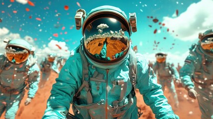 A group of astronauts in blue space suits walk on a bright red planet surface, with stunning visuals, reflecting futuristic space exploration and adventure.