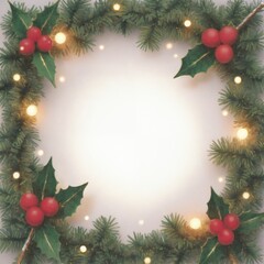 Vintage Christmas-themed border with a central empty oval space. Decorate the border with festive elements such as holly, pine branches, red berries, and golden ornaments. Include delicate snowflakes.
