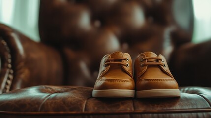 Elegant brown shoes stand prominently on a luxurious leather sofa, symbolizing classic style and exquisite craftsmanship with a touch of sophistication.