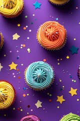 Fototapeta premium Vibrant Cupcakes with Sprinkles on Lavender Background