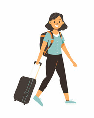 Happy woman traveling with suitcase and backpack. Tourist pulling her luggage. Passenger walking with baggage. Colored flat vector illustration of traveler with bags isolated on white