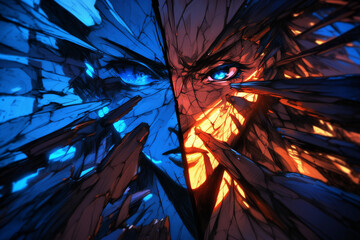 intense contrast between fiery orange and icy blue shards depicting a fierce battle of elements