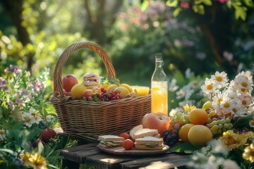 A Beautiful Picnic Scene with Fresh Fruits, Sandwiches, and a Drink in a Sunlit Garden