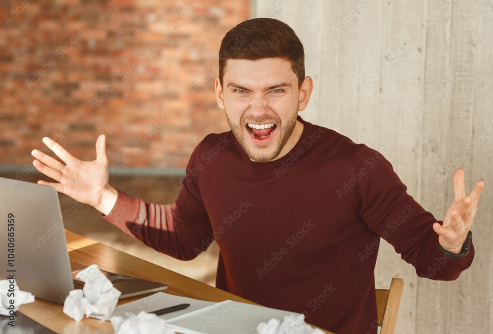 Poster job stress. crazy man shouting and gesturing having nervous breakdown at work in office. selective f