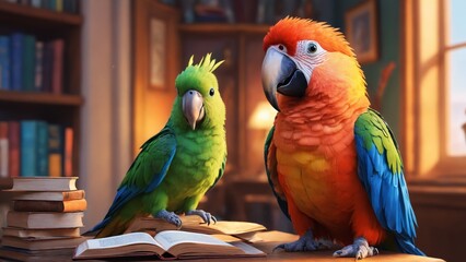 Obraz premium A colorful parrot in a cozy library reads a book while a candle flickers nearby in the evening